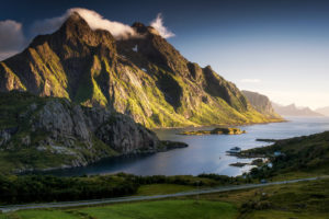 Norway, Lofoten, fjord with mountain in the evening light Norway, Lofoten, fjord with mountain in the evening light
